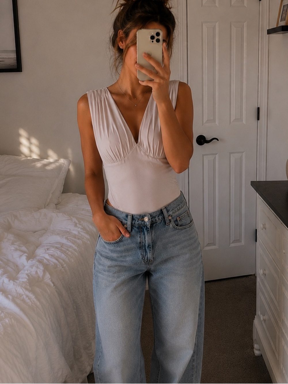 Express Sleeveless V-Neck Ruched Bodysuit white capsule wardrobe medium